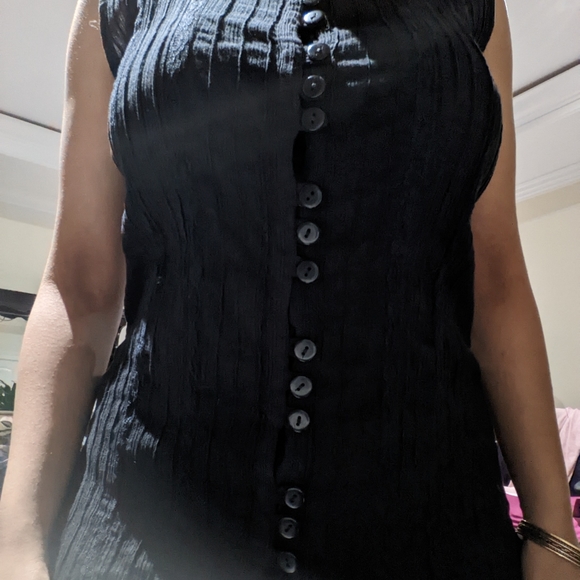 Black Plisse Mesh Button Up Blouse - Picture 5 of 6